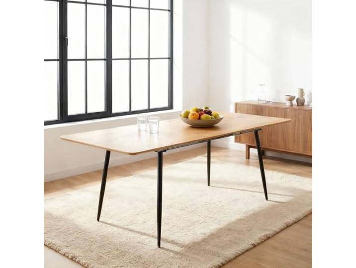 Esstisch ORSA ausziehbar 160-200 x 80 cm, Eiche Finish - Esszimmertisch rechteckig, Küchentisch mit Butterfly-Einlegeplatte, moderner Esstisch für Essbereich, Metallgestell schwarz pulverbeschichtet