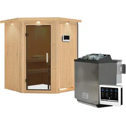 Karibu Sauna Larin mit Eckeinstieg 68 mm-9 kW Bio-Kombiofen inkl. Steuergerät-inkl. Dachkranz-Ganzglastür in Graphit-Optik