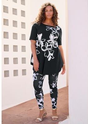 Plus Size Women's Placement-Print Set by Roaman's in Black White Flowers (Size 34/36)