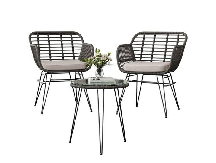 Ensemble table et chaise de jardin 1 table + 2 chaises avec coussins en rotin métal mobilier balcon terrasse Gris + Beige
