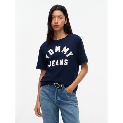 Rundhalsshirt TOMMY JEANS "TJW RLX TOMMY ARCH TEE", Damen, Gr. XS (34), blau (dunkelblau), Single Jersey, Obermaterial: 100% Baumwolle, bedruckt, relaxed fit normal, Rundhals, Shirts Rundhalsshirt, Baumwolle, relaxed fit
