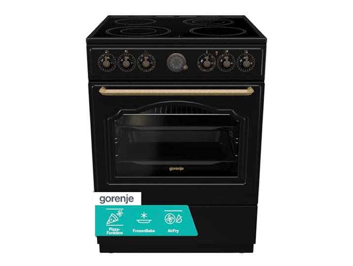 Gorenje Classico GECS 6 B70CLB Elektrostandherd mit Glaskeramik-Kochfeld/Retro Design / 60cm / 71 Liter/Gentle Close/Schnellaufheizung/AirFry/ExtraSteam/Pizzamodus/AquaClean/schwarz