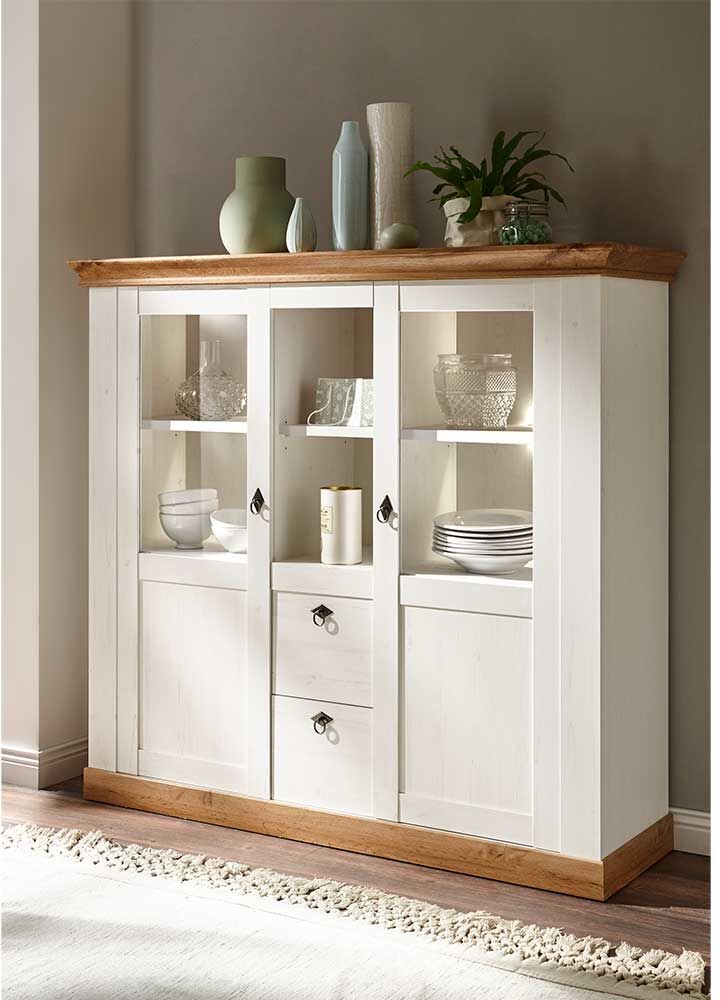 Pharao24.de Esszimmer Highboard in Weiß und Wildeiche Dekor Landhausstil
