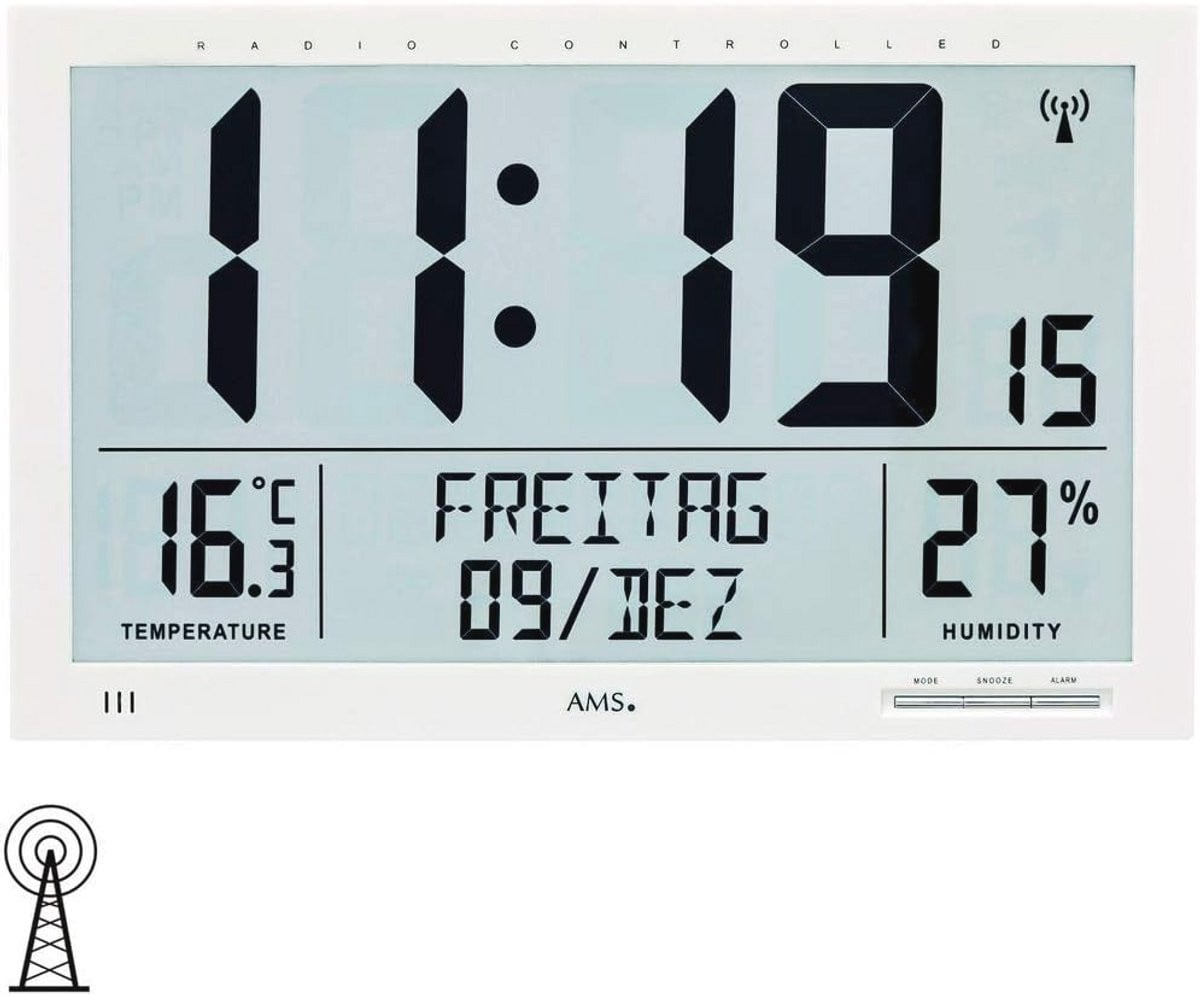 Digitale wandklok met datum en thermometer - Radiogestuurde tafelklok in wit