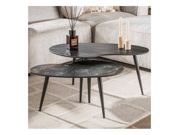 alesvelt Couchtisch Set FOSSILE CURVO Nierenförmige Satztische in dunkler Marmor-Keramik (2er-Set), 91x55x40 cm, 73x45x35 cm, Keramik, Fossil Black-Design