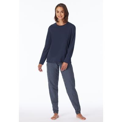 Schlafanzug UNCOVER BY SCHIESSER "Uncover Nightwear", Damen, Gr. 50, 835, blau, Single Jersey, Obermaterial: 100% Baumwolle, bequem lang, Rundhals, Homewear-Sets Schlafanzug, mit Rundhalsausschnitt, Langarm, Single Jersey-Qualität