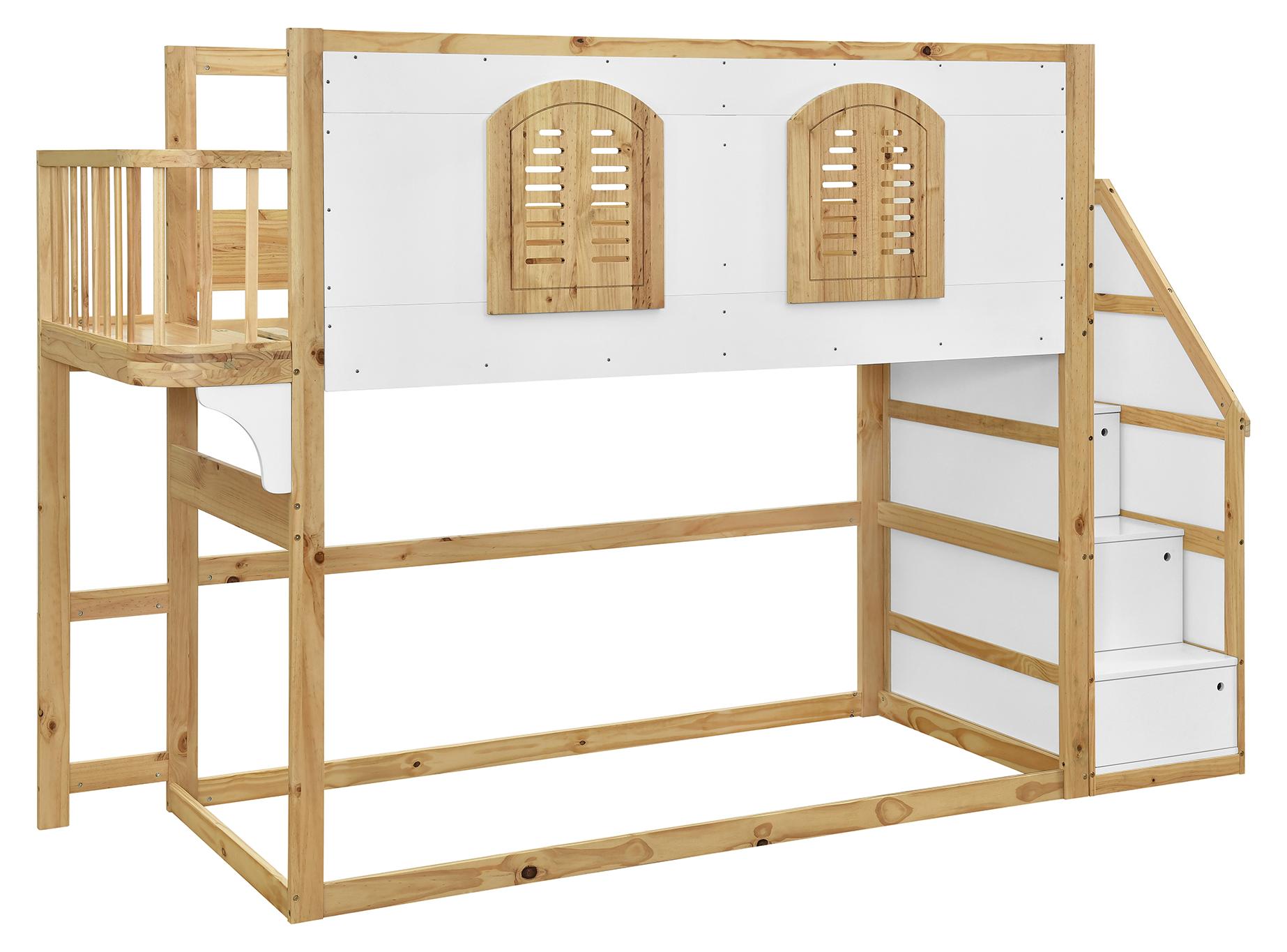 Hochbett 90x200 cm in Weiß und Natur, mit Treppenschrank, Spielfläche, Fensterdesign und Lattenrost, ohne Matratze