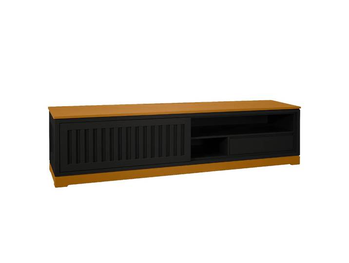 TV-Lowboard Geriffelt Pinie Massiv, gebürstet Schwarz/Schwarz/Pinie Braun 206cm