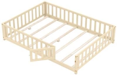 Costway Montessori Bed Frame with Full-length Guardrails Safety Door and Latch-Natural