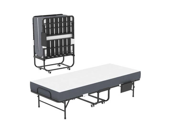 Lit Pliant 190 x 78 cm avec Matelas Mousse à Mémoire de Forme Housse de Protection Cadre Métal Lit d'Appoint Pliable à Roulettes