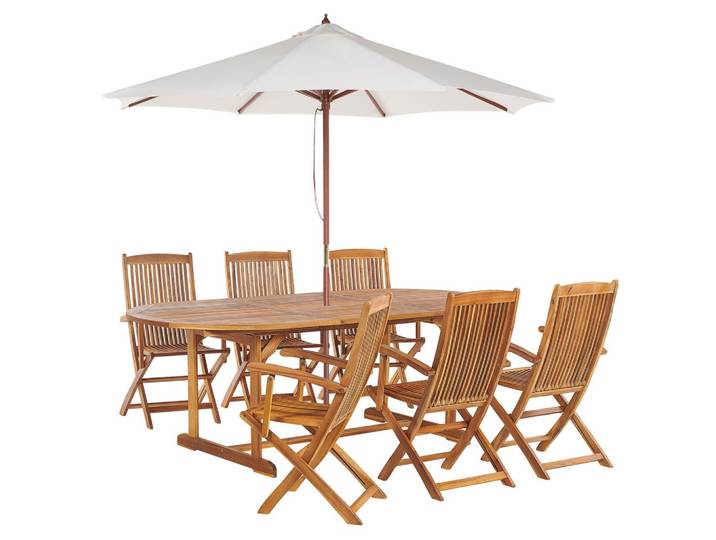 GARTENMÖBEL SET 6-Sitzer mit Sonnenschirm Akazienholz hellbraun Maui