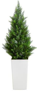 Nearly Natural 3-ft UV Resistant Artificial Cedar Tree in White Tower Planter