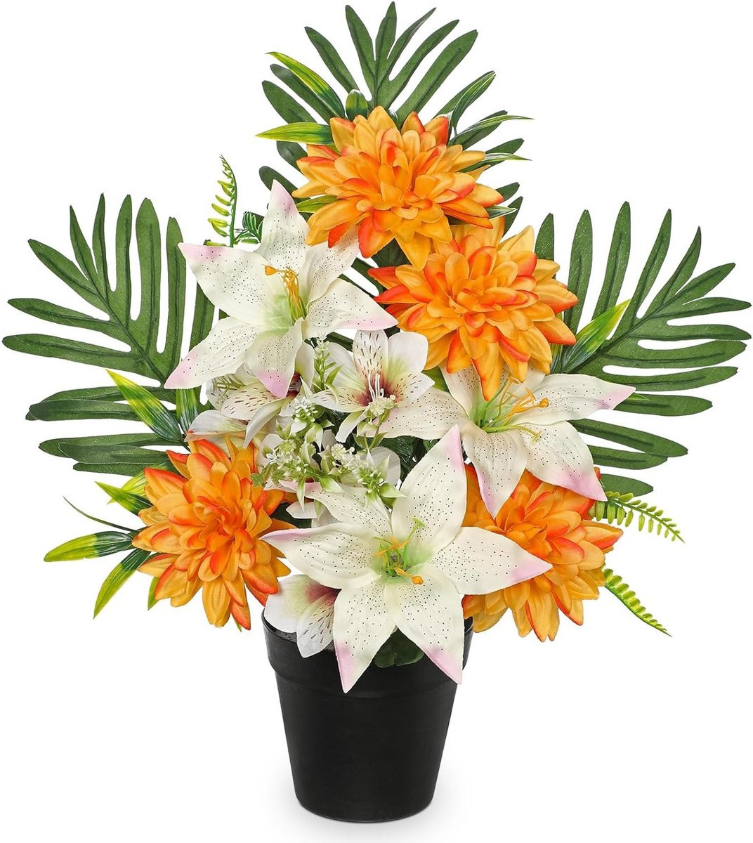 Kunstbloemen voor begraafplaatsen - Oranje en witte lelie en dahlia - 48 cm
