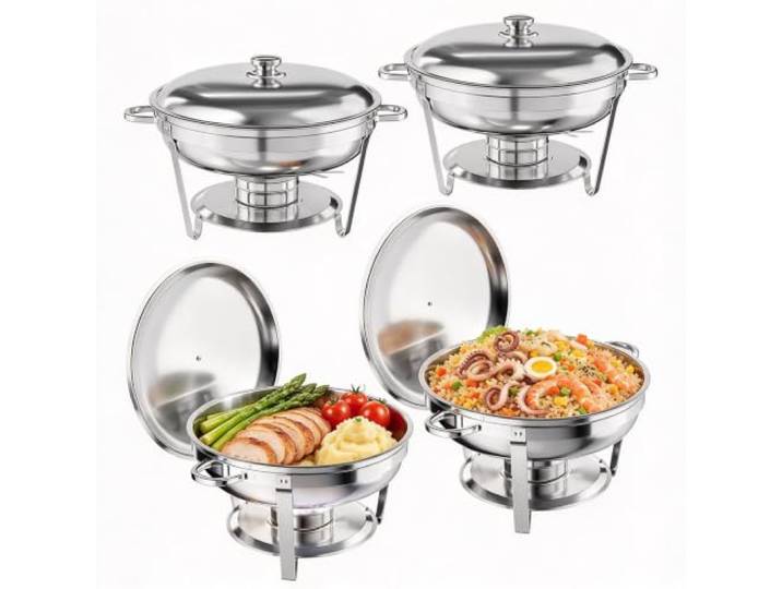 GarveeMore Chafing Dish Set 6-teilig Edelstahl 5 L Rund mit Deckel Stapelbares Design, Besteck enthalten, gleichmäßige Wärmeverteilung, für Buffets