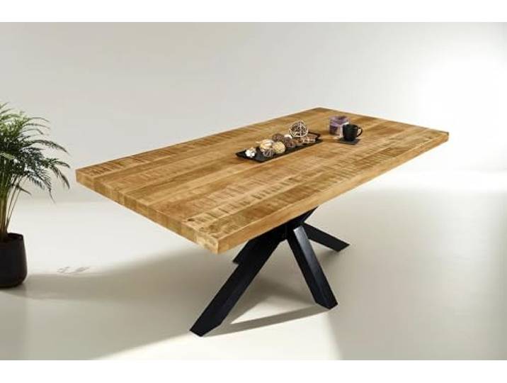 SAM Esstisch Libro 180x90 cm Mangoholz gerade Kante Spider-Gestell schwarz Esszimmertisch massiv, raue Oberfläche, Metallgestell