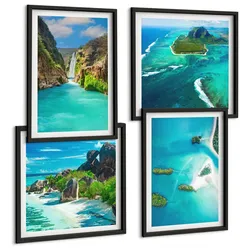 BILDER SET 4er Set - 50x50 cm & 40x60 cm Schwarzer Rahmen - Tropische türkisfarbene Inseln