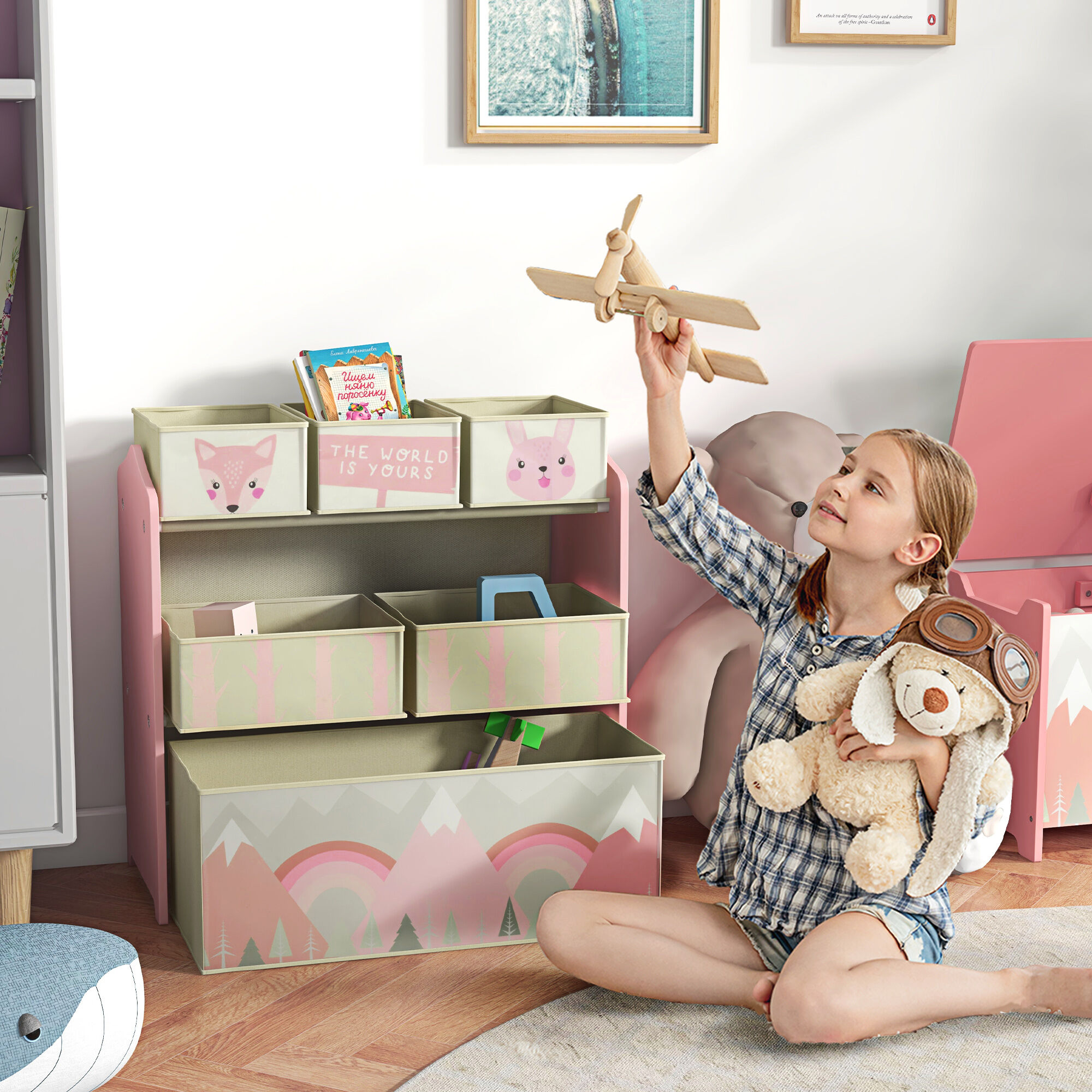 Altro Scaffale Portagiochi Per Bambini Con 6 Contenitori Rimovibili In Tessuto, 63x30x66cm, Rosa