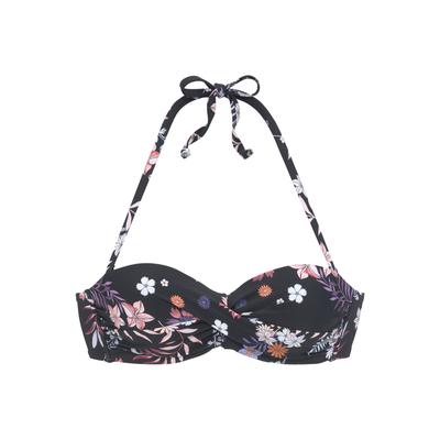 Bügel-Bandeau-Bikini-Top SUNSEEKER "Bettie", Damen, Gr. 40, Cup D, schwarz (schwarz bedruckt), Microfaser, Polyamid, bedruckt, floral, Bikini-Oberteile, in Wickel-Optik