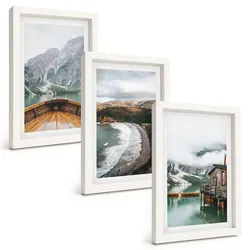 BILDER SET 3er Set - 20x30 cm Weißer Rahmen - Berge, See, Boot, Strand, Landschaft
