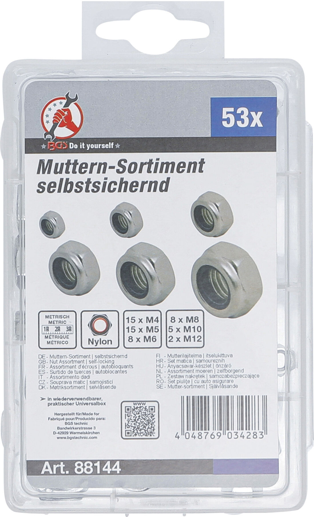 BGS Do it yourself Muttern-Sortiment 88144, selbstsichernd, metrisch, M4 - M12, 53-tlg.)