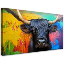 LEINWANDBILD Abstrakte schottische Kuh auf farbigem Hintergrund 100x50cm