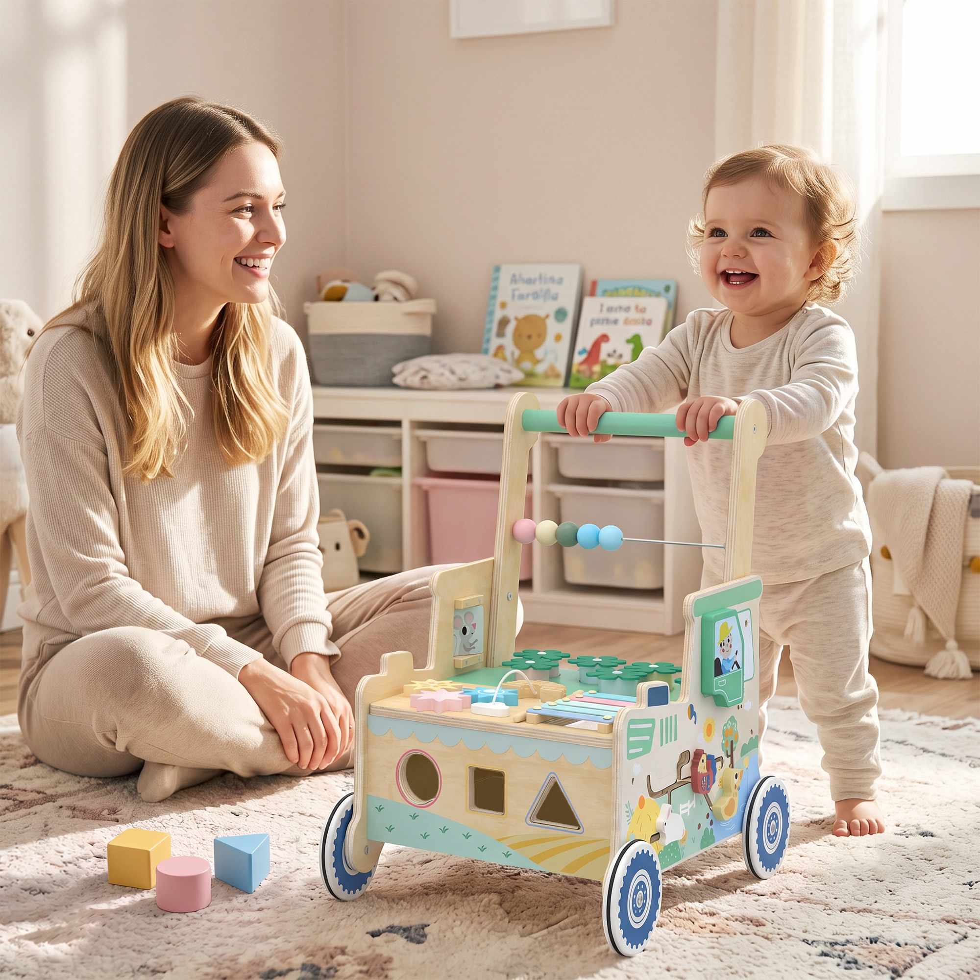 Aiyaplay Girello per Bambini in Legno, Carrello Primi Passi con Vano Portaoggetti, per Bambini 1-3 Anni, Verde   Aosom Italy