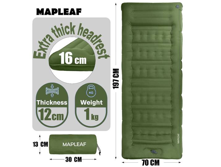 Matelas de camping gonflable MAPLEAF, 12 cm, matelas pneumatique ultraléger et imperméable, tapis de couchage gonflable pour la randonnée, matelas de couchage pour le camping.