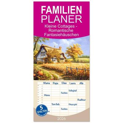 Familienplaner 2026 - Kleine Cottages - Romantische Fantasiehäuschen mit 5 Spalten (Wandkalender, 21 x 45 cm) CALVENDO
