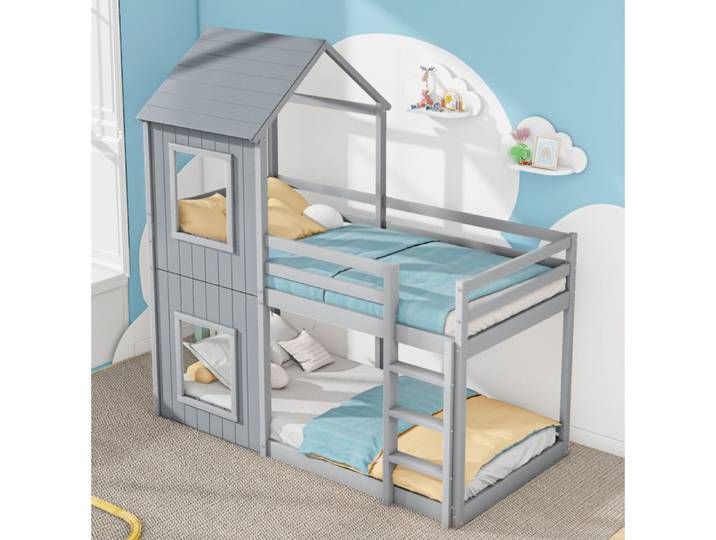 Lit superposé enfant - MAISENTIEL - Lit cabane gris - 2x90x200 cm - Pin massif - Échelle & barrières