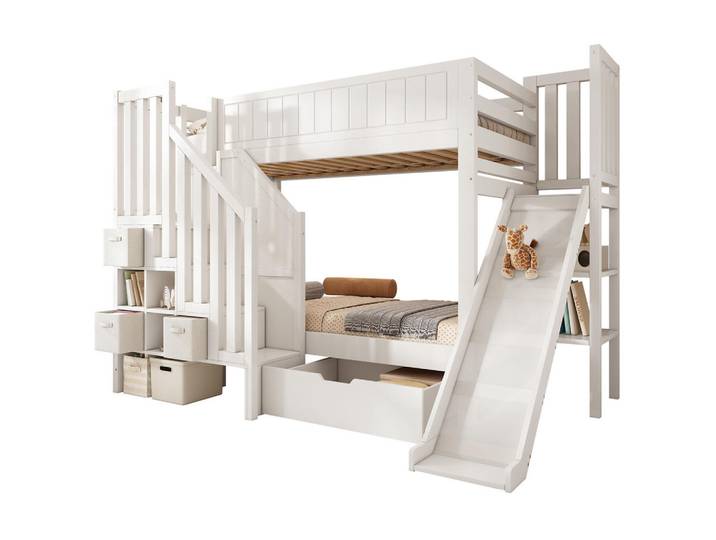 Okwish Etagenbett 160/200 cm weiß aus Holz mit Rutsche und Stauraum, Weiß, 90x200 cm, Babymöbel & Kindermöbel, Kinderzimmer & Jugendzimmer, Stockbetten