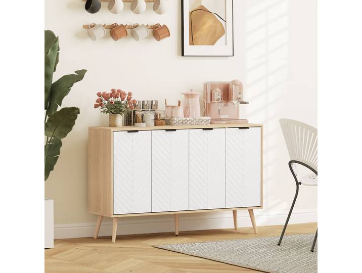 HOMCOM Buffet Bas 120cm Blanc Motif Chevrons 4 Portes