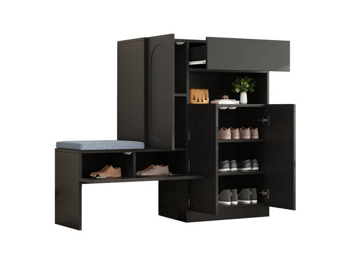 Flieks Schuhschrank 2-in-1 mit Sitzbank Schwarz 130x35x110cm, 130x110x35 cm, Garderobe, Schuhaufbewahrung, Schuhschränke