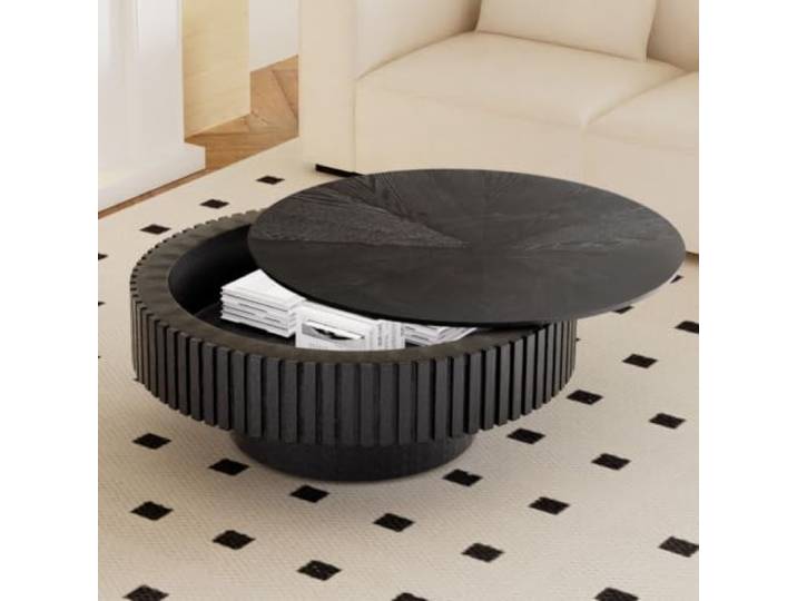 DAXUESEH Runder Couchtisch Mit Stauraum, Geriffelter Couchtisch Moderner runder geriffelter Couchtisch, runder Beistelltisch aus Holz, ideal für kleine Wohnungen