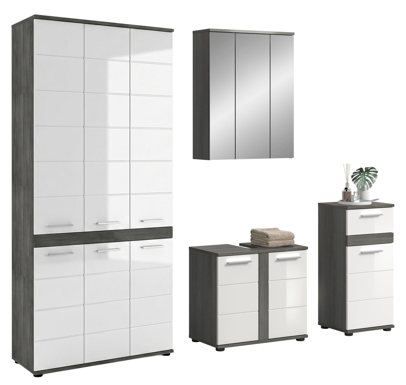 Badkamercombinatie Xonox Blake in saliegroen met houtmotief B/H/D: 215 x 191 x 34 cm