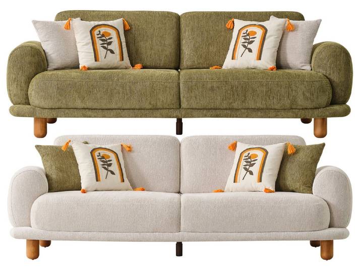 Villa Möbel Polstergarnitur Freyza 2, (Sofa Set, 3-Sitzer + 3-Sitzer), Runde Form Strukturstoff Holzfüße zweifarbiges Set