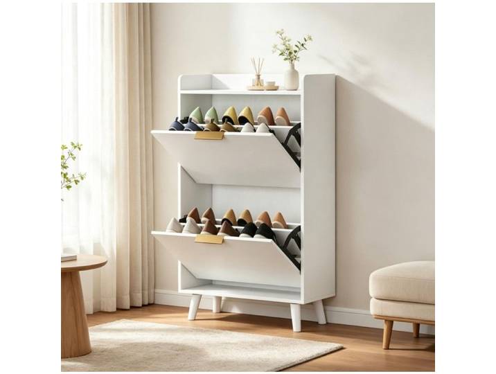 Meuble à chaussures étroit blanc 70 cm 2 portes abattantes étagères réglables pour entrée
