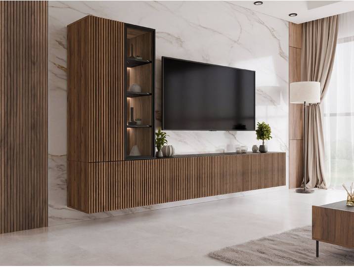 MIRJAN24 Wohnwand Tiwori, (mit zwei Drehtüren und vier Klappen), Weißer LED-Beleuchtung, 260x41x155-157 cm