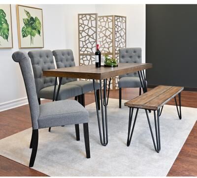 Ostweer Simple Dining Table Set with Gray Padded Seating Chairs and Bench