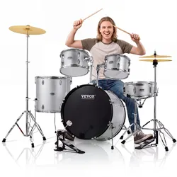 VEVOR Schlagzeug, 5-teilig, Drum in voller Größe mit Bass-/Tom-Drums, Snare, Standtrommel, verstellbaren Thronständern, Becken, Hi-Hat-Pedal und Drumsticks, Anfänger-Schlagzeug, Silber
