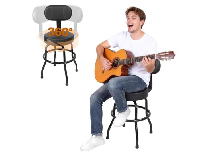 iondelce Gitarrenhocker mit Rückenlehne und Fußstütze – 360° drehbarer Barhocker, ergonomischer Gitarrenstuhl – Ideal für Akustikgitarre, E-Gitarre & Bass – Für Zuhause, Tonstudio & Bühne (Schwarz-1)
