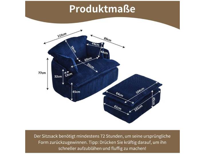 Fauteuil compressé 1 place avec pouf bleu velours côtelé sans montage