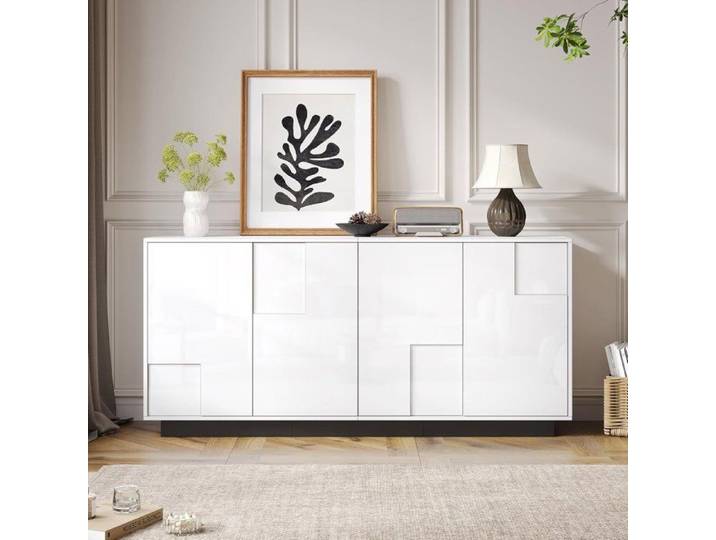 Buffet blanc moderne Sideboard 160x37x75.5 cm 4 Portes Design Géométrique Haute Brillance