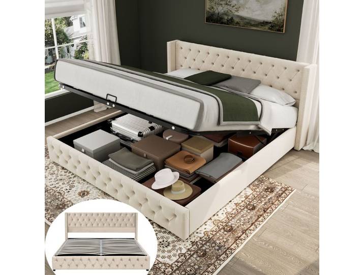Lit double coffre avec rangement 180x200 cm - Velours beige - Design Chesterfield