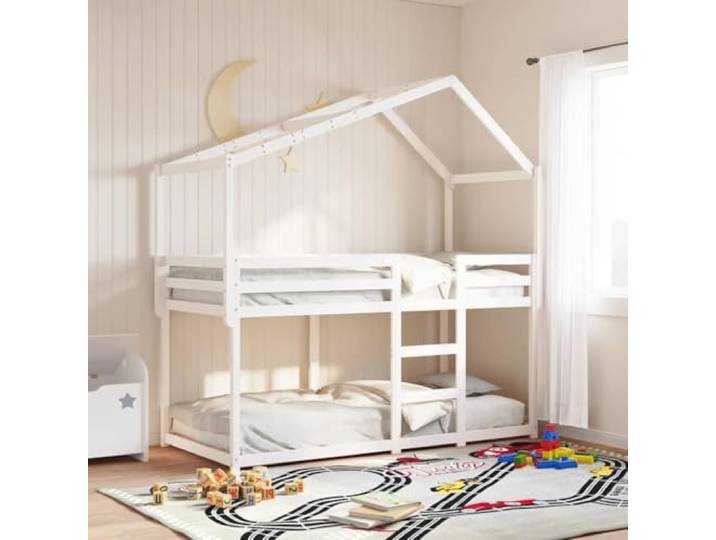 Molumvel Kinderbett Dach Gestell Kiefernholz Weiß 213x85.5x144.5 cm Massives Kiefernholz, Rustikaler Charme, Offene Seite, Spielhaus-Optik