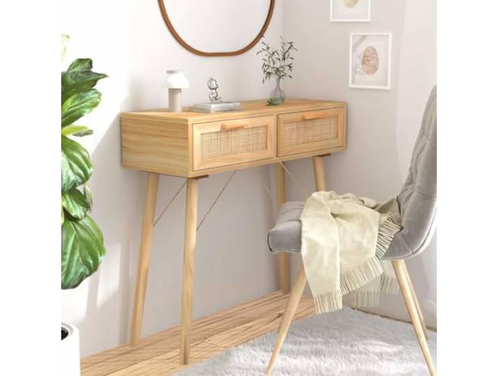 HEFZGDB Konsolentisch Braun 80x30x75 cm Massivholz Kiefer Natur-Rattan mit 2 Schubladen Stauraum, Stabile Tischplatte für Deko, Holzwerkstoff Langlebig, Flurtisch Wohnzimmer