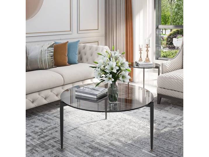 UNHO Table Basse Ronde 80 cm Diametre Table Salon Ronde en Verre Trempé Cadre en Métal pour Bureau Chambre Hauteur 40cm