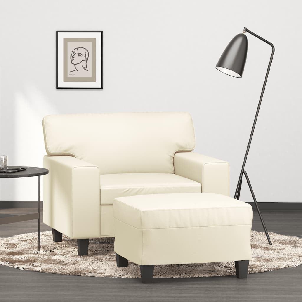 Cremefarbener Sessel mit Hocker, 60 cm breite Sitzfläche aus Kunstleder, stabiles Metallgestell und Polsterung für Wohnzimmer und Büro