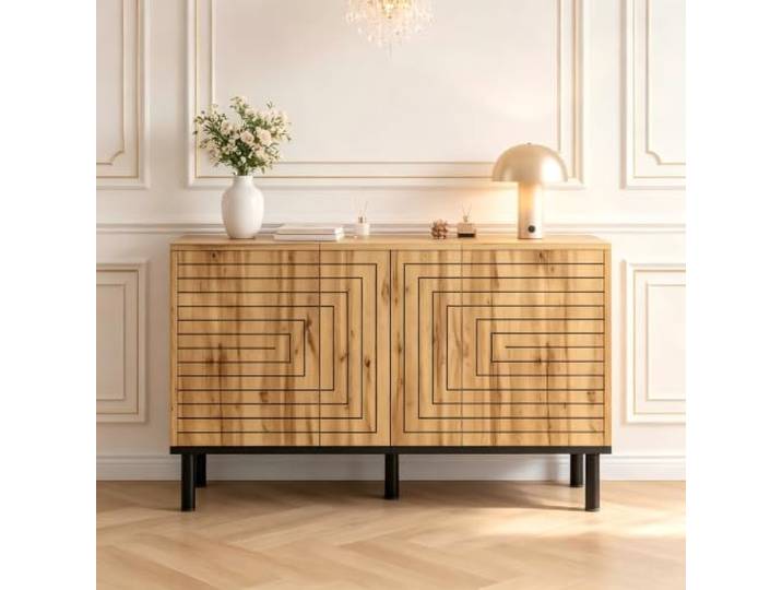 VILUXE Sideboard mit 3 Türen und Wellenmuster 120x35 cm Natur Sideboard mit Türen, MDF-Spanplatte, Wohnzimmer Esszimmer Flur, Familien und moderne Haushalte