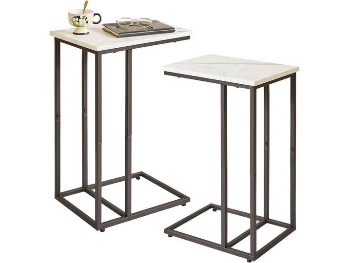 Beistelltisch 2-teiliges Set C-Form Weißer Marmoroptik Schwarzer Metallrahmen, Mehrfarbig, Stein, 30.5x63.5x40.6 cm, Wohnzimmer, Wohnzimmertische, Beistelltische