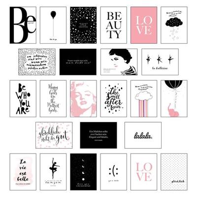 Schönes Postkarten Set mit 25 modernen und stylishen Postkarten zum Dekorieren oder Verschenken. Feminine Bilder, Sprüche und Statements für Frauen.